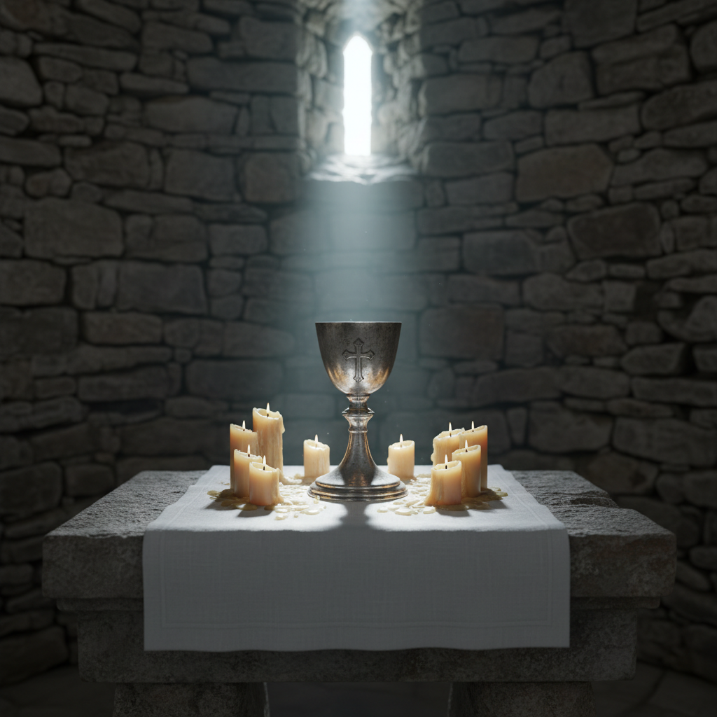 An antique, slightly tarnished silver chalice resting on a pristine white linen corporal atop a simple stone altar, surrounded by a ring of partially melted beeswax candles. The stone wall behind is rough and irregular, hinting at a hidden chapel or underground refuge. One high, narrow window admits a shaft of cool, diffused daylight that gently grazes the chalice, highlighting engraved crosses and casting soft, elongated shadows. Photographic realism with a centered composition and moderate depth of field emphasizes the chalice as a symbol of martyrdom and Eucharistic devotion, conveying a solemn, reverent mood suited to thoughtful reflection on persecuted Catholics.