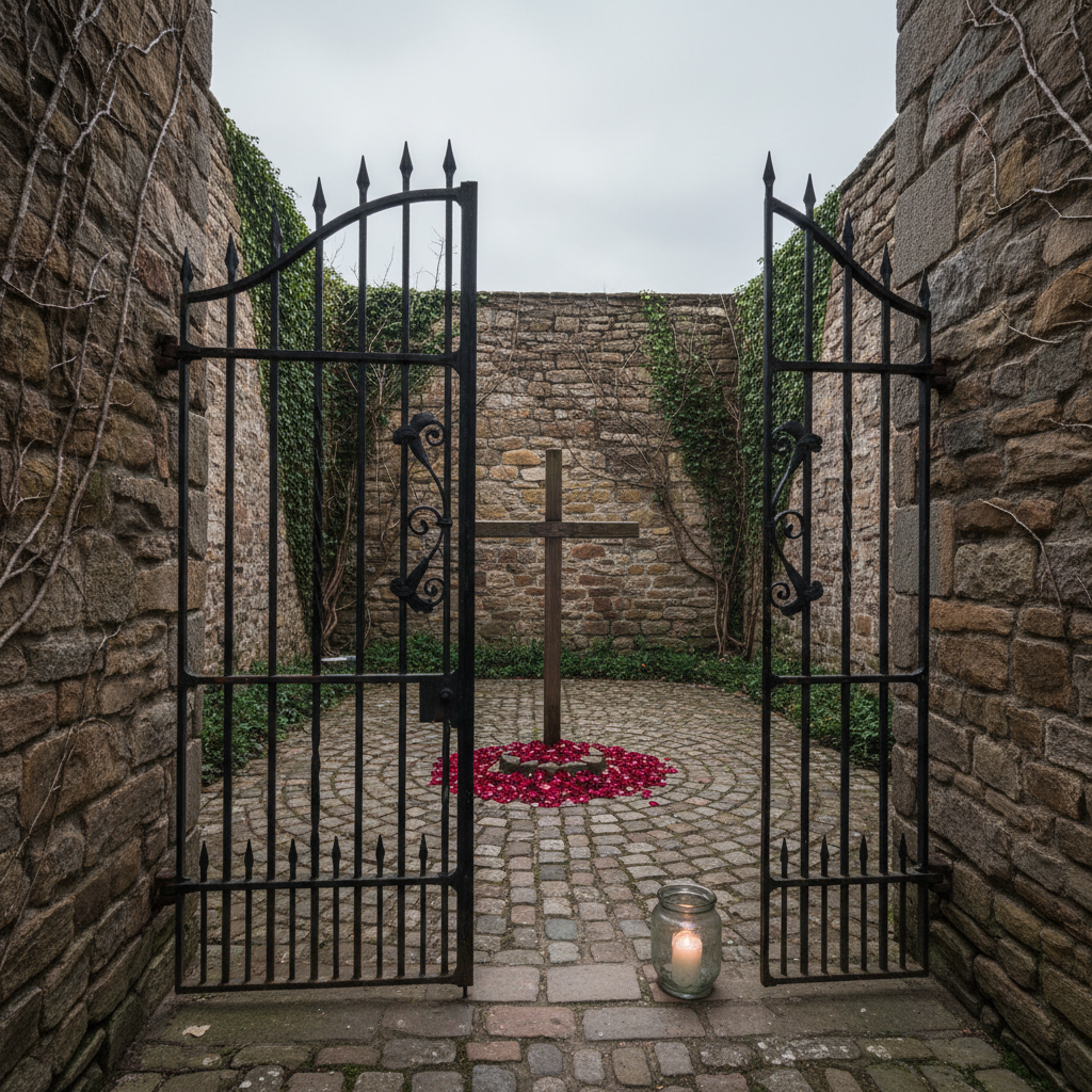 A modest stone courtyard enclosed by high, weathered walls, with ivy creeping along the mortar and a single wrought-iron gate standing firmly closed. At the center, a simple wooden cross rises from a circle of rough cobblestones, ringed by scattered red rose petals and a solitary, unlit candle in thick glass. Overhead, the sky is overcast, bathing the scene in soft, diffused light that flattens harsh shadows and heightens the muted grays and browns of the stones. Photographic realism from a slightly elevated angle, with sharp focus throughout, creates a sober yet dignified atmosphere, subtly suggesting the hidden places where Catholics faced persecution and death.