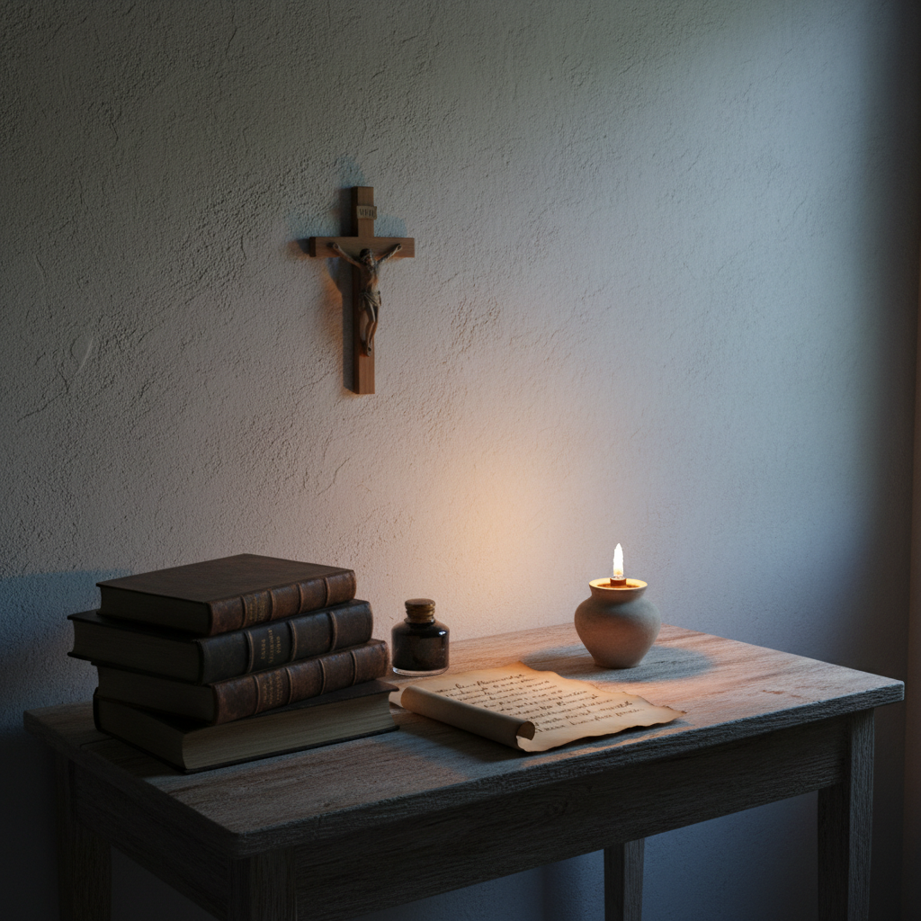 A narrow wooden writing desk set against a plain plaster wall, bearing a neatly stacked pile of worn theological books, an ink bottle with a brass cap, and a single sheet of parchment inscribed with Latin text. A simple wooden crucifix hangs above, slightly off-center, and beside the desk sits a small clay oil lamp, its flame casting a warm, trembling glow over the scene. Outside the edge of the frame, faint moonlight seeps in from a high window, adding a cool counterpoint to the lamplight. Photographic realism with side lighting and a rule-of-thirds composition creates a reflective, scholarly atmosphere, evoking clandestine writings preserved after a martyr’s death.