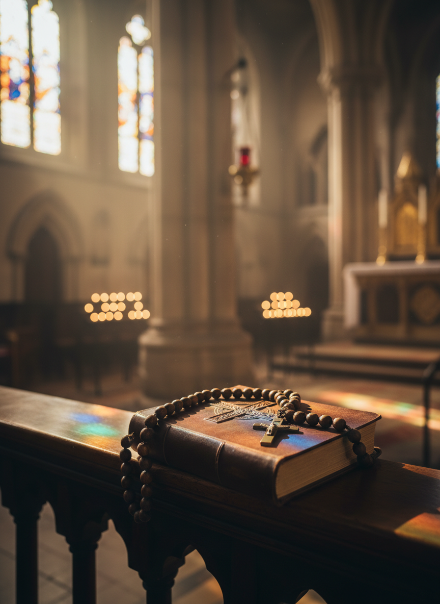 A leather-bound missal and a weathered rosary arranged on a dark wooden altar rail, the beads forming a gentle curve around a small brass crucifix. Behind them, the blurred interior of a stone church stretches into soft focus: carved columns, flickering sanctuary lamp, and distant candles glowing near a tabernacle. Golden hour sunlight filters through stained glass, casting jewel-toned reflections on the polished wood and subtly illuminating the embossed cross on the missal’s cover. Photographic realism with a shallow depth of field, shot at eye level, creates a contemplative, sophisticated atmosphere that evokes quiet fidelity and the hidden sacrifices of Catholic martyrs.