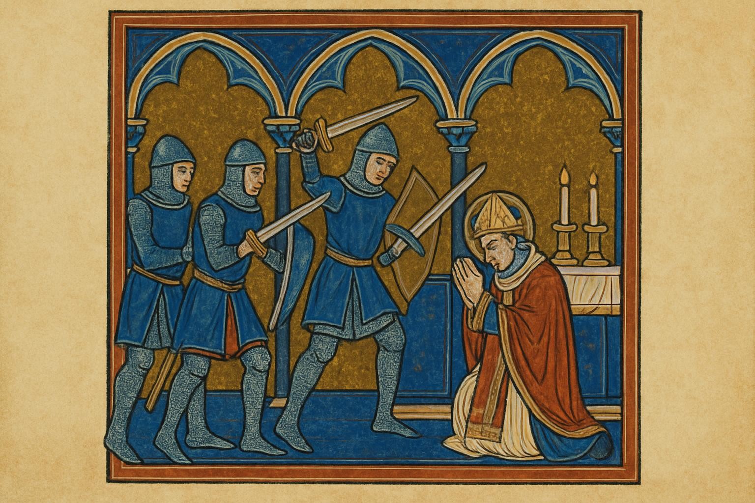 The Martyrdom of Saint Thomas Becket in Canterbury Cathedral — medieval illuminated manuscript style