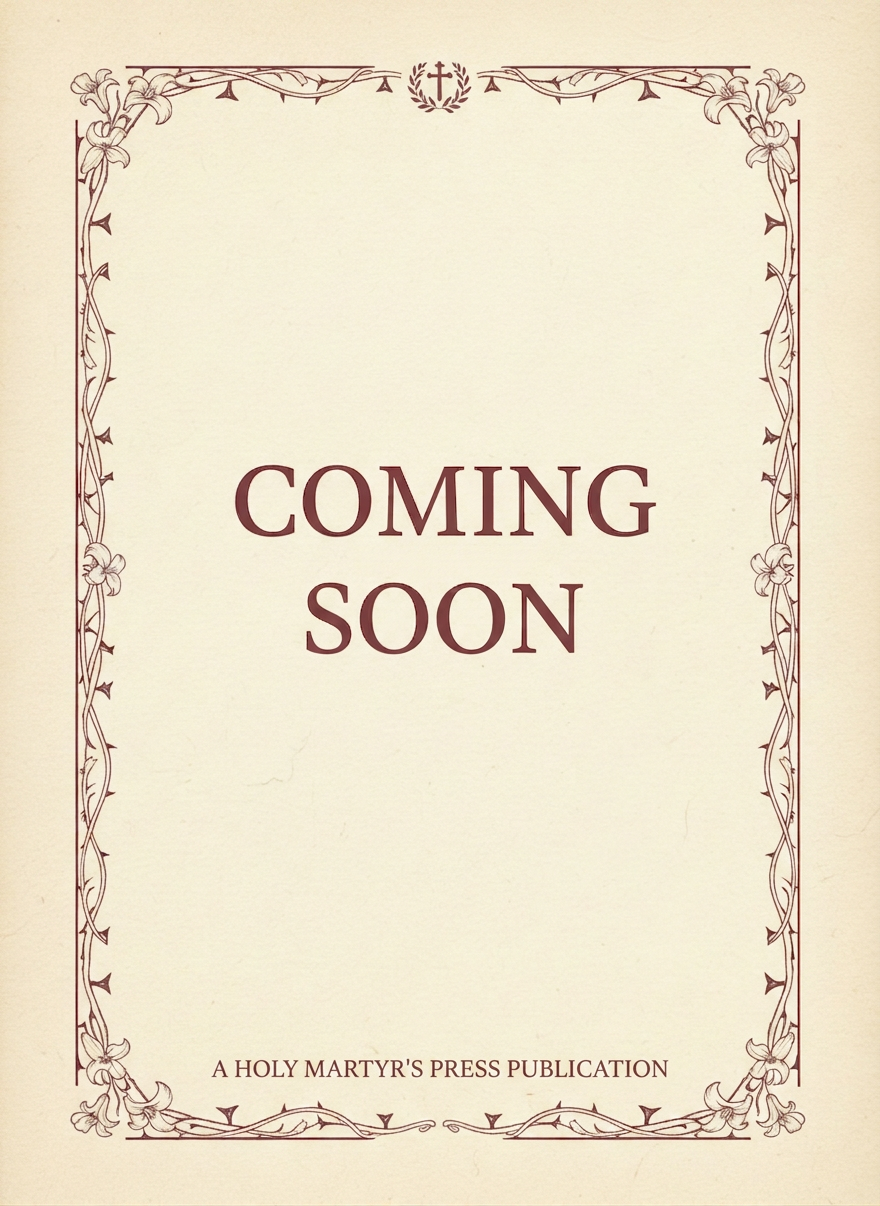 Coming Soon Book Cover A blank book cover, simple and elegant, pure white or cream background with subtle texture, centered text reading "COMING SOON" in classic serif font, a thin decorative border, Catholic martyrdom publishing aesthetic, minimal and dignified